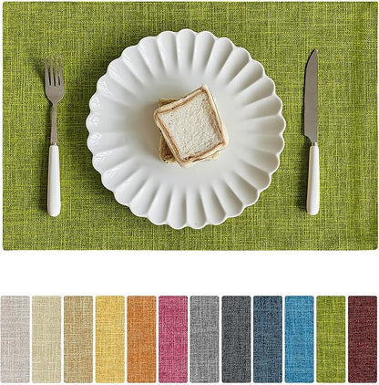 Softalker Faux Linen Placemats Set of 4-12 x 18 Inch, Heat Resistant Double Layered Durable Burlap Farmhouse Place Mats, Non-Slip Washable Rustic Table Mats for Dining, Kitchen, Party（Lime Green