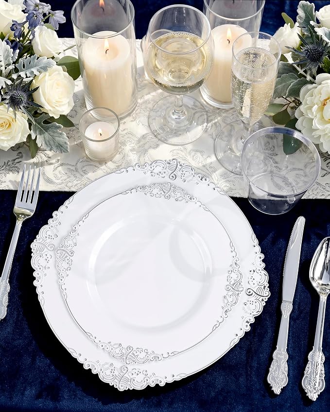 100pcs White Silver Plastic Plates - Image 4