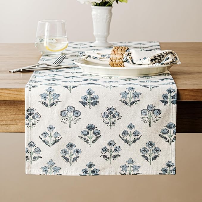 Block Print Floral Decorative Table Runners, 13x48 Inch Dusty Blue | 100% by Unknown