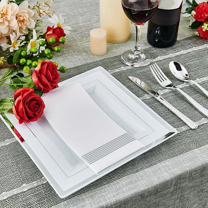 Vplus 90 Piece 9.5 Inch Silver Plastic Plates Disposable, Heavy Duty White Elegant Durable Dinner Plastic Party Plates with Silver Rim Perfect for Party Christmas
