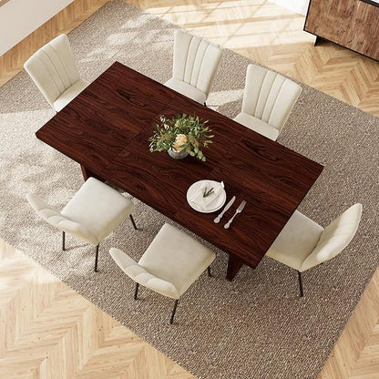7-Piece Dining Table Set for 6 People, 70.8" MDF Kitchen Table with 6 Velvet Chairs, Space-Saving for Dining Room, Breakfast Nook(Walnut Table+6 Beige Chairs)