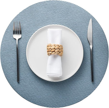 Jovono 15" Faux Leather Big Round Placemats Set of 6 - Washable Heat Resistant Non-Slip Dining Table Mats with Fabric Texture for Kitchen Home Party Decor, Light Blue