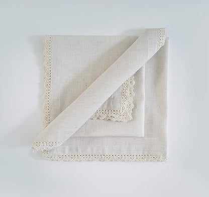FINGERCRAFT Dinner Cloth Napkin Cotton Linen 12 Pack Vintage Rustic Premium Quality Mitered Corners Napkin Cloth with Elegant Lace for Everyday Use, Pre Shrunk and Good Absorbency 20x20 in Ivory