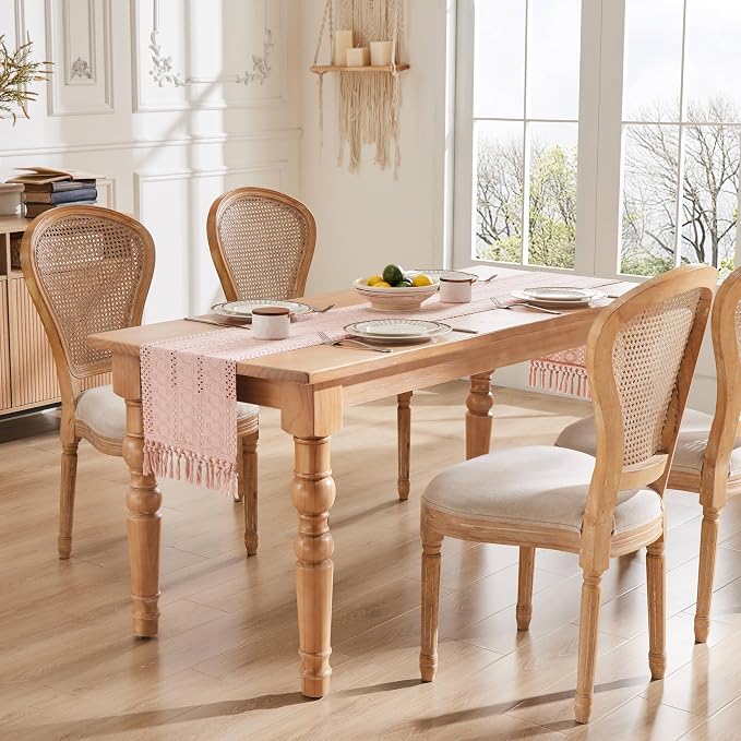 Macrame Style Boho Table Runner, 12x60 Inch Light Pink | Woven Boho Table Runner - Image 3