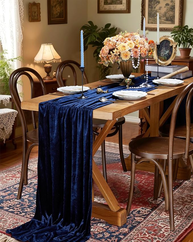 Velvet Table Runner 29x120 Inch Navy Blue Luxury Retro Soft Fabric Cloth | 10ft - Image 4