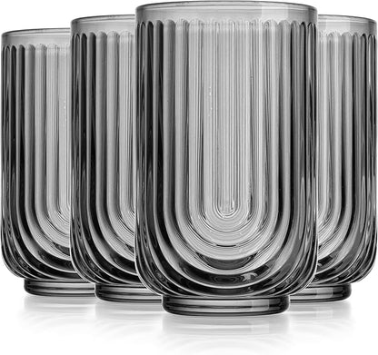 Glaver's Vintage Glassware Art Deco Glasse Ribbed Drinking Glasses U-Shape Arch Design Colored Cocktail Kitchen Tumblers Everyday Dinner Decorative Party (Smoke S/4 17oz)