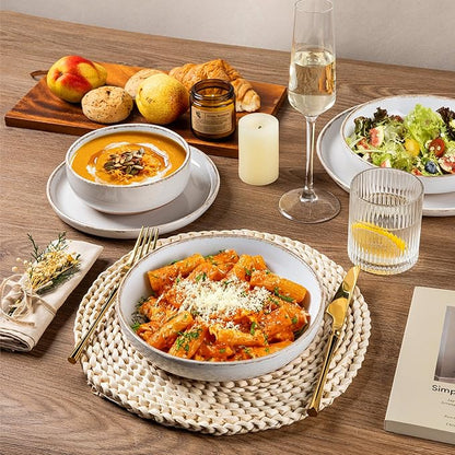 AmorArc 8.75'' Large Ceramic Pasta Bowls, 36oz Handpainted Stoneware Bowls Set of 4, Microwave&Dishwasher Safe Bowls with Wavy Rim&Rustic Terracotta Underside for Pasta Salad, White-Handbrush Rim