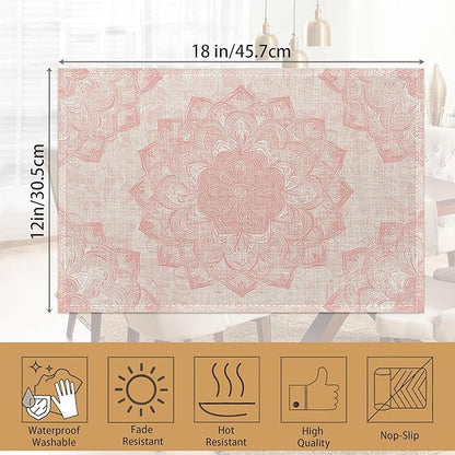 Pink Mandala Placemats Set of 6,Boho Flower Waterproof Non-Slip Washable Table Mats for Kitchen Dining Holiday Party Wedding Decor 12x18 Inch