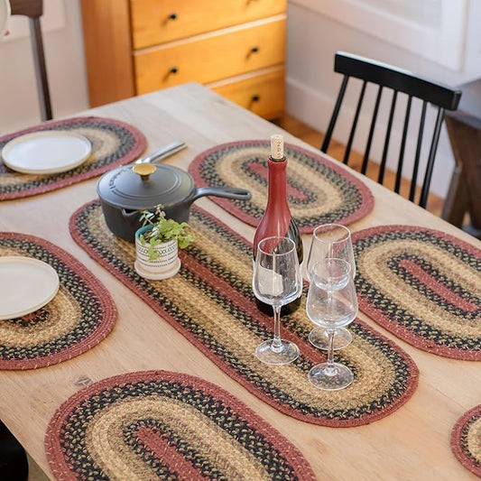 Homespice Highland Jute Braided Table Runner, Rustic Cabin Decor, Set of 2, Multicolor Oval 8x28 - Rich Colors, Easy to Clean, Durable and Protects Furniture