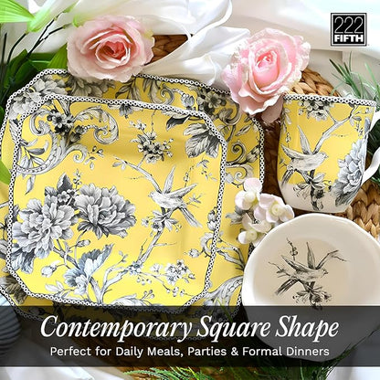222 Fifth Adelaide Yellow 16-Piece Floral Porcelain Dinnerware Set | Microwave - Image 7