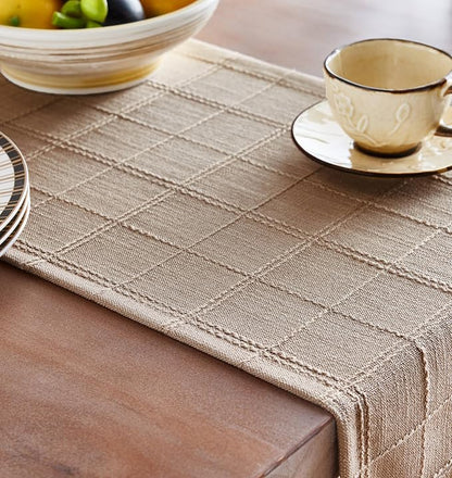Linen Checked Farmhouse Table Runner, 13x60 Inches Taupe | Raised Grid Design - Image 5