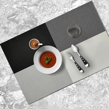 Placemats Set of 4 - Washable Woven Vinyl Placemats, Heat Resistant, Non-Slip, Easy to Clean Water Resistant Table Mats for Indoor/Outdoor Dining, Kitchen, Patio (4, Black White Square)