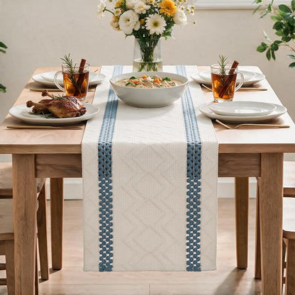 Artoid Mode Sky Blue Stripe Woven Rustic Table Runner 12x72 Inch | Holiday - Image 2