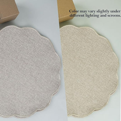 AHHFSMEI Round Faux Linen Placemats Set of 4 Waterproof Table Mats Heat Resistant Non-Slip and Stain Proof for Kitchen Dining Elegant Decor (Linen Beige,4)