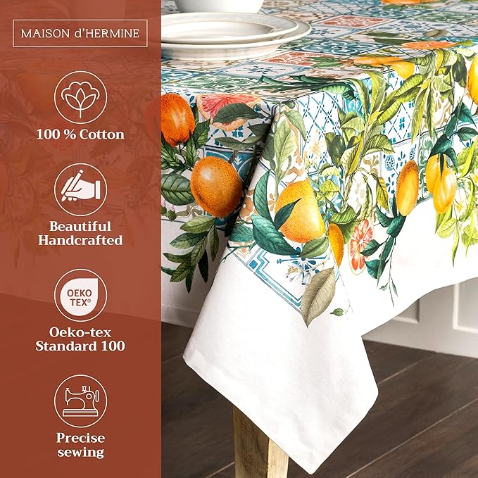 Maison d' Hermine Table Cloth Rectangle Table 100% Cotton 60 x 90 Inches Tablecloth Reusable Decorative for Dining Room Farmhouse Home Valentines Day Decorations Spring Summer - Agrume