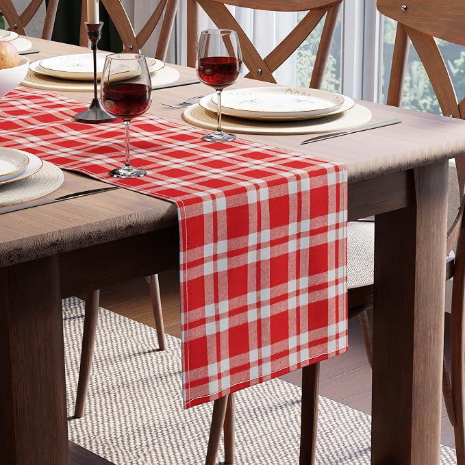 Encasa XO Table Runner, Woven Cotton Dining Runner 13"x72" | Franca Red Checks by EncasaXO