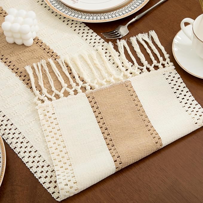 Boho Brown Table Runner, 12x36 Inches | Tassels, Summer Farmhouse, Woven Cotton - Image 3