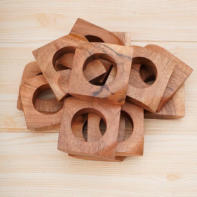 Acacia Wood Napkin Rings Set of 12 – Handmade Square Rustic Wooden Napkin - Image 6