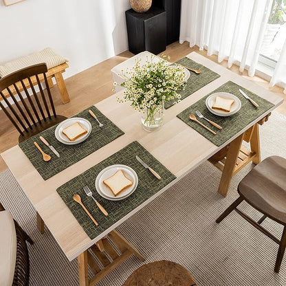 Kevin Textile Christmas Burlap Linen Placemats Set of 6 Heat Resistant Dining Table Place Mats Washable Kitchen Table Mats for Dinning Party Holiday Indoor Outdoor, 13 x19 inches, Peridot Green