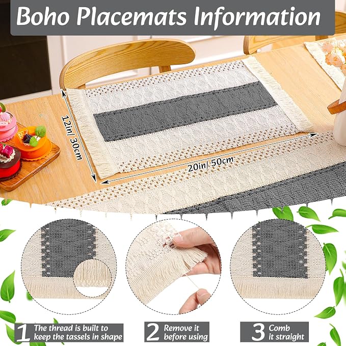 6 Sets Boho Decoration Placemats Round Woven Placemats, Cloth Napkins, Wood - Image 3