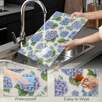 Blue Hydrangea Flower Fabric Placemats,Spring Floral Table Placemats Set of 6 Cloth Place Mats, Washable Heat-Resistant Table Mats for Home Kitchen Dining Room Decoration 11.8x17.7 Inch