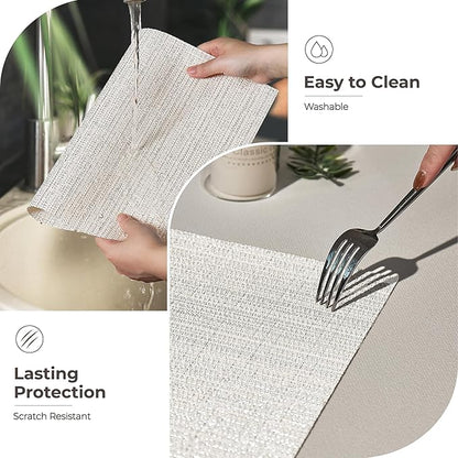 Leetaltree Luxury White and Silver Woven Placemats Set of 6 - Waterproof Washable Textured Table Mats for Wedding, Anniversary, Daily Use - Sparkling Metallic Thread Table Decor - Hand-Cut