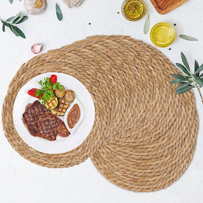 GENMOUS Woven Placemats Set of 10,12" Round Placemats Natural Water Hyacinth Boho Placemats,Farmhouse Rattan Chargers for Dinner Plates,Rustic Braided Wicker Table Mats for Dining Table,Home,Wedding