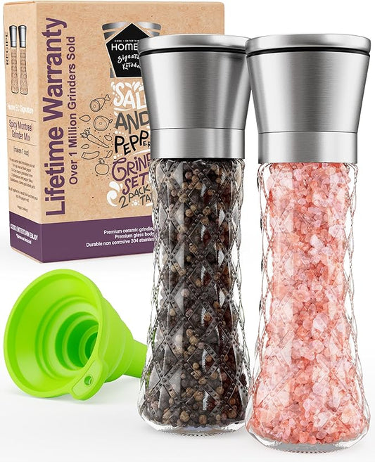 Home EC Original Stainless Steel Sea Salt and Pepper Grinder Set of 2 - Adjustable Ceramic Grinder - Diamond Pattern Glass - Salt and Pepper Shakers - Kitchen Spice Mill - Modern Kitchen Accessories