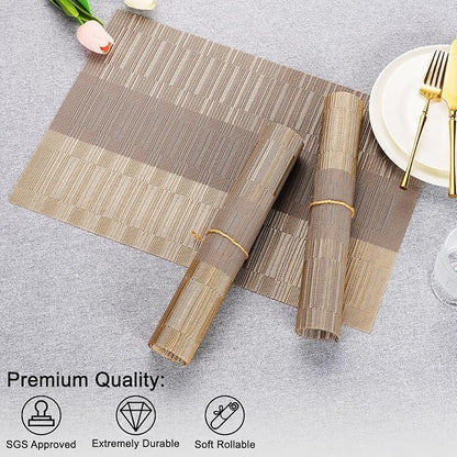 Placemats Set of 6, Vinyl Woven Place Mats Indoor Set of 6 Washable Wipeable PVC Table Mats Heat-Resistant Non Slip Plastic Placemat for Kitchen Dining Outdoor Table (Gray Gold, Set of 6)