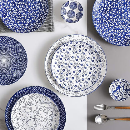 Selamica 10 inch Porcelain Dinner Plates, Large Size Ceramic Plates for Salad, Pancakes, Scratch Resistant, Microwave, Oven and Dishwasher Safe Plates Set of 6, Vintage Blue