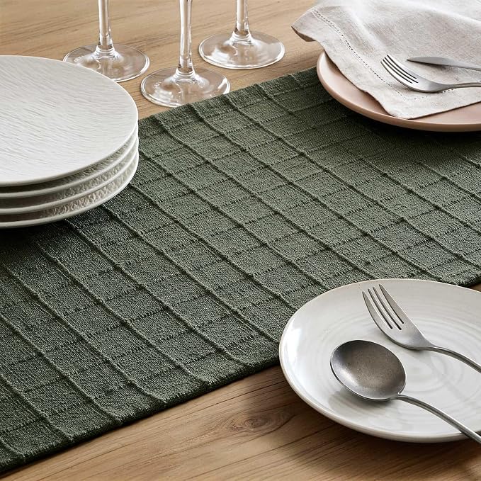 Artisanal Grid Linen Table Runner, 13x72 Inches Army Green | Heavy Textured - Image 6
