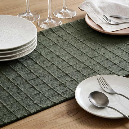 Artisanal Grid Linen Table Runner, 13x48 Inches Army Green | Heavy Textured - Image 6