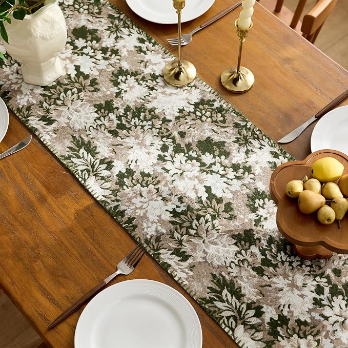 ORTIGIA Vintage Floral Table Runner, Boho Chenille Green and Taupe Farmhouse - Image 2