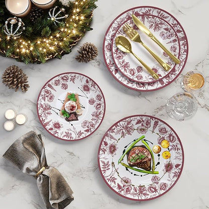 Trendables Disposable Plates For Party Supplies | Burgundy Floral Plastic Plates For Wedding 200 Pcs - 100 X 8 & 100 X 10 Dinner Plate Sets | Floral Plate Set Disposable Plastic Dinnerware Sets