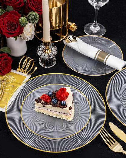 Hioasis 60pcs Clear Gold Plastic Plates - Gold Disposable Dinnerware Set, 30pcs Dinner 10.25in & 30pcs dessert 7.5in plates with striped designs for party & wedding