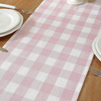 Laolitou Spring Pink Checkered Table Runner, Cotton Linen Gingham Table Runners - Image 3