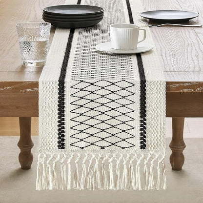 Macrame Style Bicolor Stitching Table Runner, 12 x 48 Inch Black Grid/Ivory - Image 2