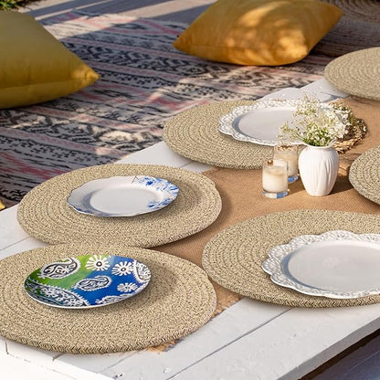 Kochorie Set of 8 Woven Cotton Round Placemats, 13 Inch Boho Table Place Mats for Kitchen and Dining Table, Farmhouse Heat Resistant Washable Trivets, Fall Thanksgiving Christmas Décor (Brown)