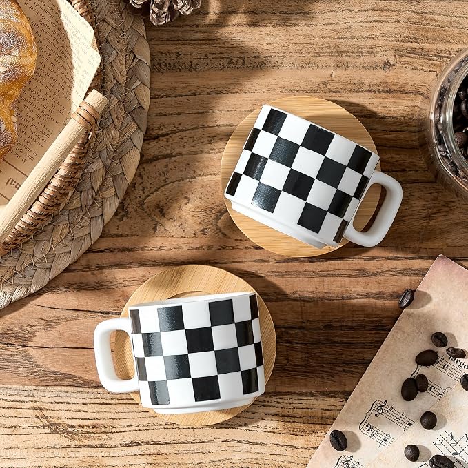 LUKA Porcelain Stackable Black and White Checkered Espresso Cups - Image 5