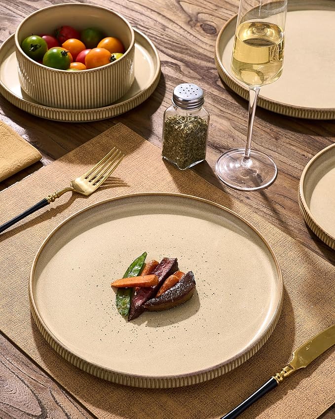 Dinnerware Set for 6, Ceramic Ribbed Plates, Dishes | 18-Piece Stoneware Dinner - Image 3