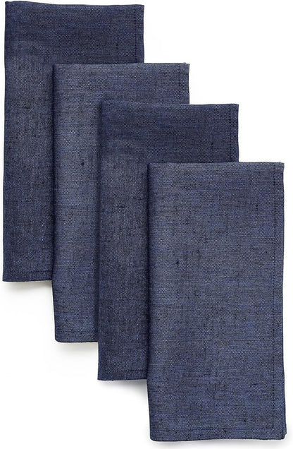 Solino Home Linen Cloth Napkins Set of 4-100% Pure Linen Chambray Navy Dinner Napkins 20 x 20 Inch for Winter, Spring - Athena, Handcrafted and Machine Washable