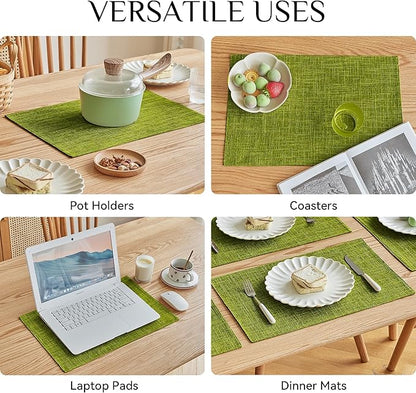 Softalker Faux Linen Placemats Set of 8-12 x 18 Inch, Heat Resistant Double Layered Durable Burlap Farmhouse Place Mats, Non-Slip Washable Rustic Table Mats for Dining, Kitchen, Party（Lime Green