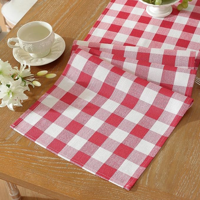 Laolitou Red Checkered Table Runner, Cotton Linen Gingham Table Runners - Image 5