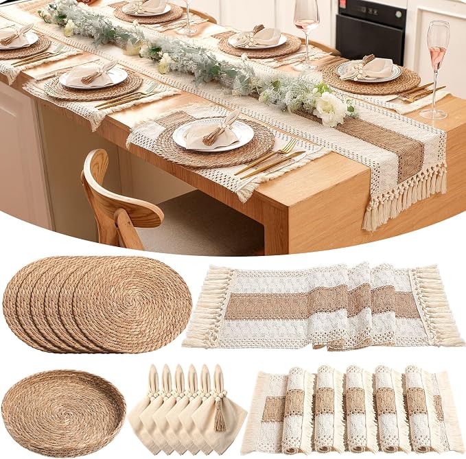 6 Sets Boho Decoration Placemats Round Woven Placemats, Cloth Napkins, Wood by Gandeer