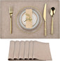 SLKQG Linen-Look Placemats Set of 6, Heat Resistant & Machine Washable Double-Layered Cloth Placemats for Dining Table, Indoor/Outdoor Use, Non-Slip Kitchen Table Mats (6, Natural Linen)
