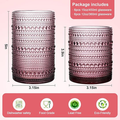 KMIGRUAN Hobnail Drinking Glasses Set of 12, 15Oz & 12Oz Cocktail Glasses | - Image 2