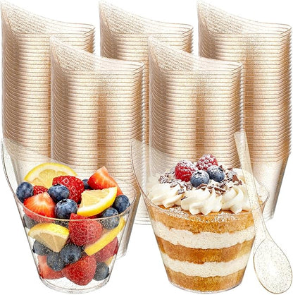 150 Pack Gold Glitter Plastic Dessert Cups with Tasting Spoons, Appetizer Cups Yogurt Parfait Bowls with Spoons for Party Supplies Catering Chocolate Desserts Buffet Food Display (7 oz)