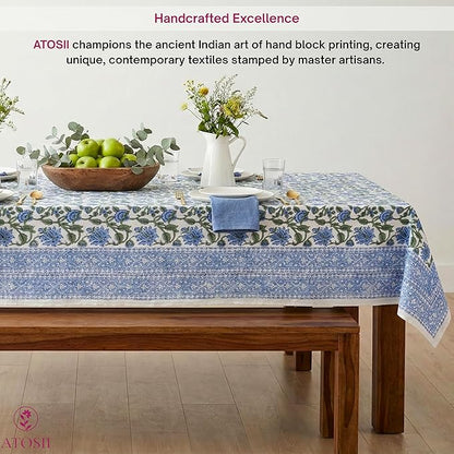 ATOSII Taj 100% Cotton Summer Tablecloth, Block Print Floral Rectangle Table Cloth for Dining Table I Parties Wedding Outdoors, Grand Millenial Decor 60 X 108 Inches I 8 Seater