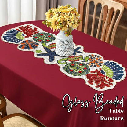 Green Black Beaded Table Runner, Floral Art Deco, polyester backing, 13x36 in - Image 2
