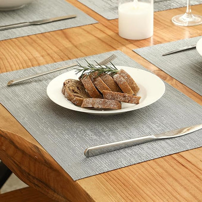 Leetaltree Grey Placemats, Heat Resistant Non-Slip Place mats for Dining Table, Washable Durable PVC Vinyl Woven Table Mats (Set of 16)